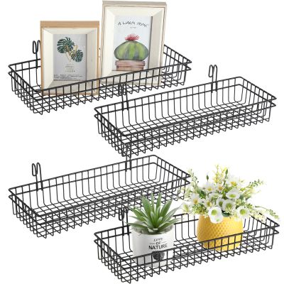 Blulu 4 Pcs 15.75 x 5.91 x 1.97 Inch Metal Grid Wall Baskets with Hooks Grid Wall Shelves Hanging Wire Basket Multi Function Storage Organizer for Kitchen Organizing Display (Black)