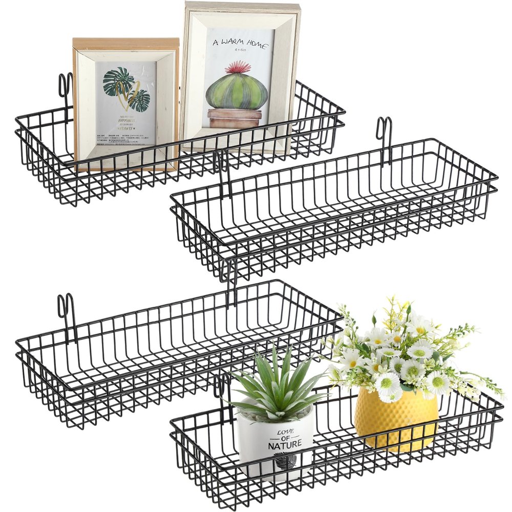 Blulu 4 Pcs 15.75 x 5.91 x 1.97 Inch Metal Grid Wall Baskets with Hooks Grid Wall Shelves Hanging Wire Basket Multi Function Storage Organizer for Kitchen Organizing Display (Black)