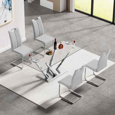 Gnrolaz 5-Piece Kitchen Dining Table Set,63in Dining Table Set with Modern Tempered Glass Table Top and Faux Leather Chair Set for 4,Home Kitchen Dining Room Furniture (Silver Table&4 Silver Chairs-2)