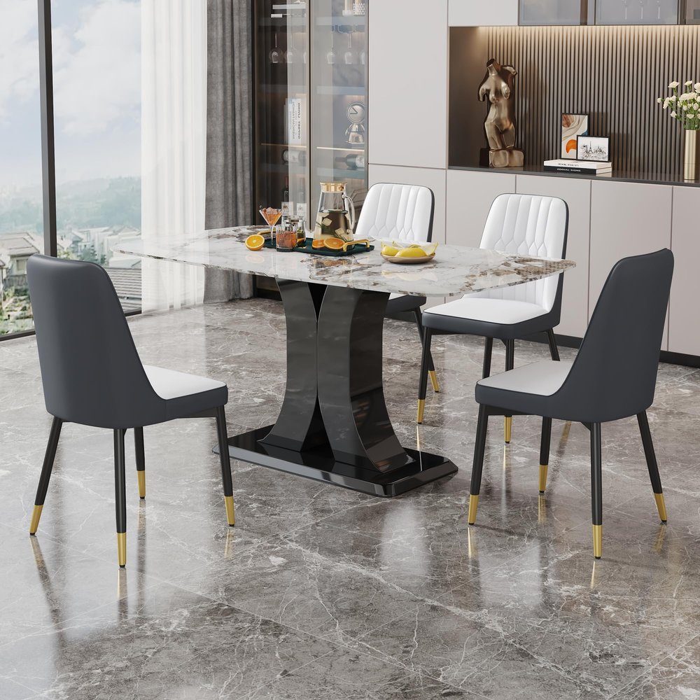 WEKEOT Modern Dining Table Set for 4 White Marble Dining Room Table Set 63" Rectangular Kitchen Table with MDF Leg 4 Off-White Upholstered PU Leather Chairs