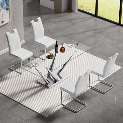 Gnrolaz 5-Piece Kitchen Dining Table Set,63in Dining Table Set with Modern Tempered Glass Table Top and Faux Leather Chair Set for 4,Home Kitchen Dining Room Furniture (Silver Table&4 White Chairs)