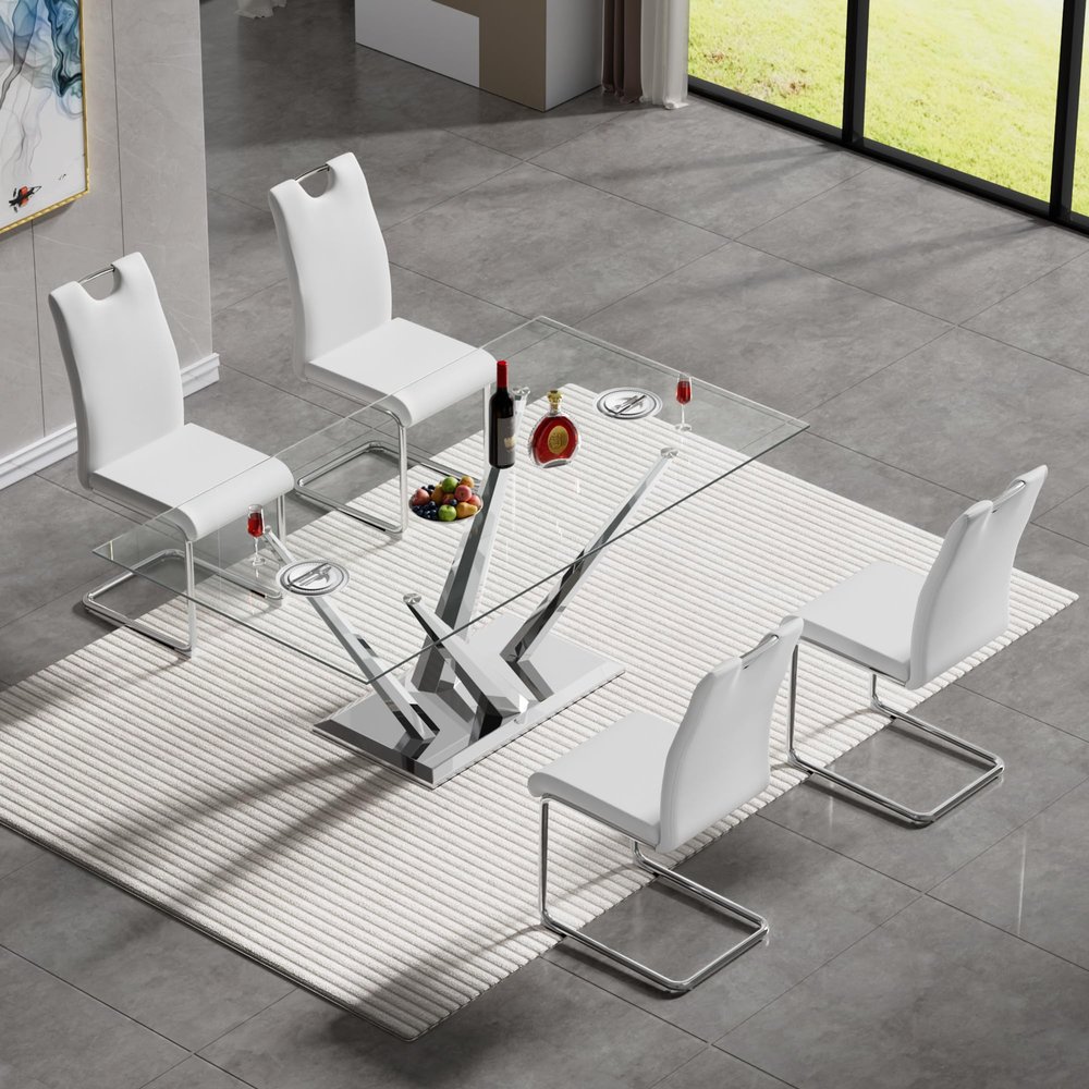 Gnrolaz 5-Piece Kitchen Dining Table Set,63in Dining Table Set with Modern Tempered Glass Table Top and Faux Leather Chair Set for 4,Home Kitchen Dining Room Furniture (Silver Table&4 White Chairs)