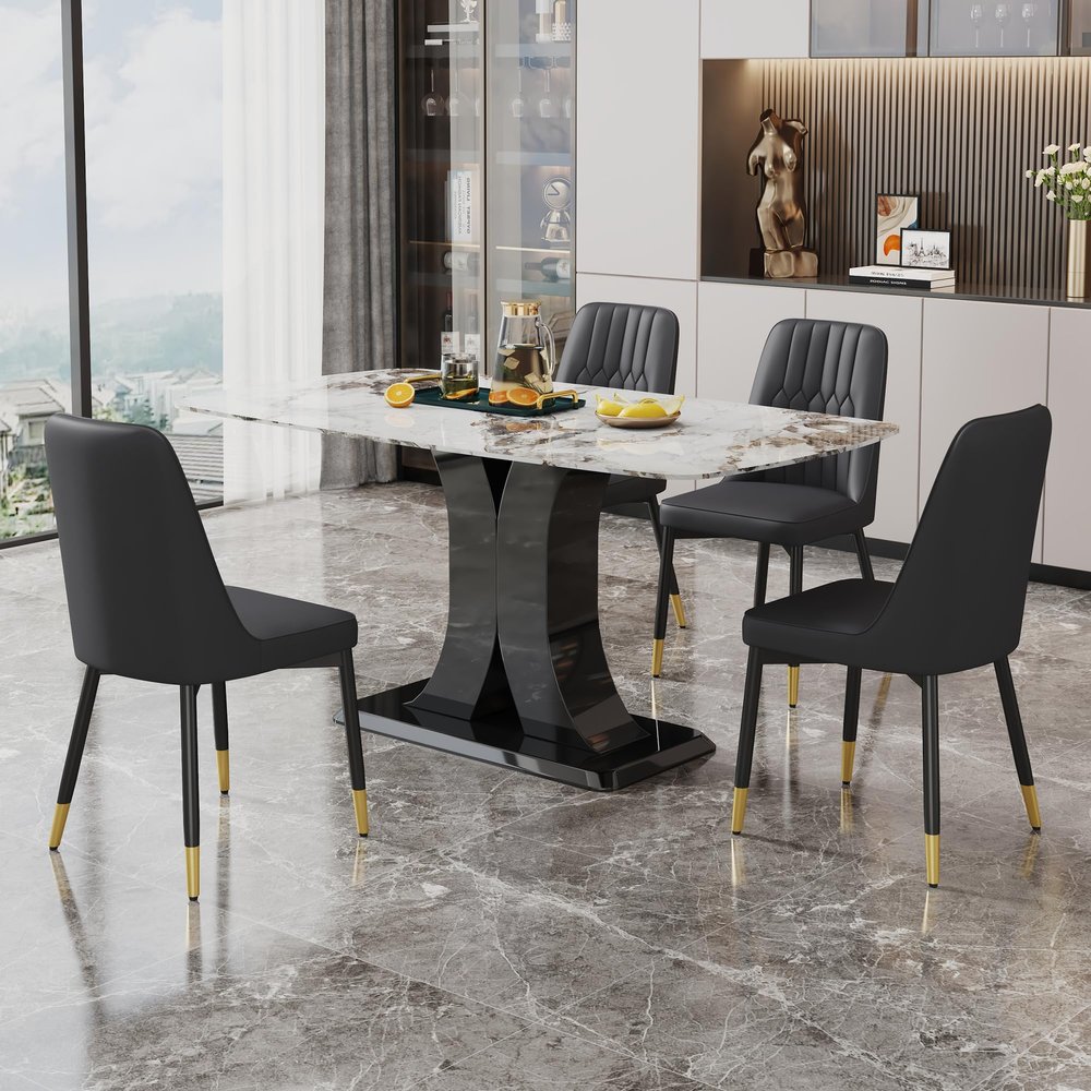 WEKEOT Modern Dining Table Set for 4 White Marble Dining Room Table Set for 4 Rectangular Kitchen Table with MDF Leg 4 Black Upholstered PU Leather Chairs