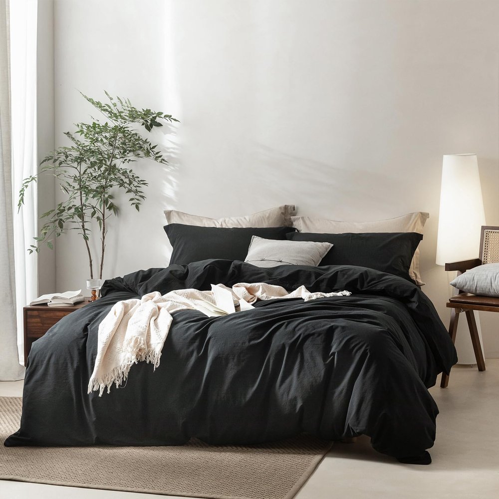 BDEAR Linen Feel Black Duvet Cover King Size 104'' W x 90'' L, Percale 100% Washed Cotton Duvet Cover with Zipper Closure Plus 2 Pillowcases, Oeko TEX Standard 100 Certificated, Linen Feel and Cozy