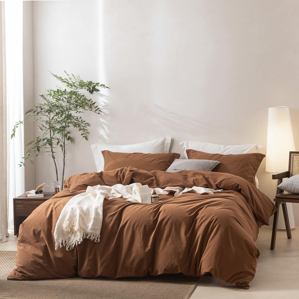 BDEAR Linen Feel Dark Orange Duvet Cover King Size 104'' W x 90'' L, Percale 100% Washed Cotton Duvet Cover with Zipper Closure Plus 2 Pillowcases, Oeko TEX Standard 100 Certificated