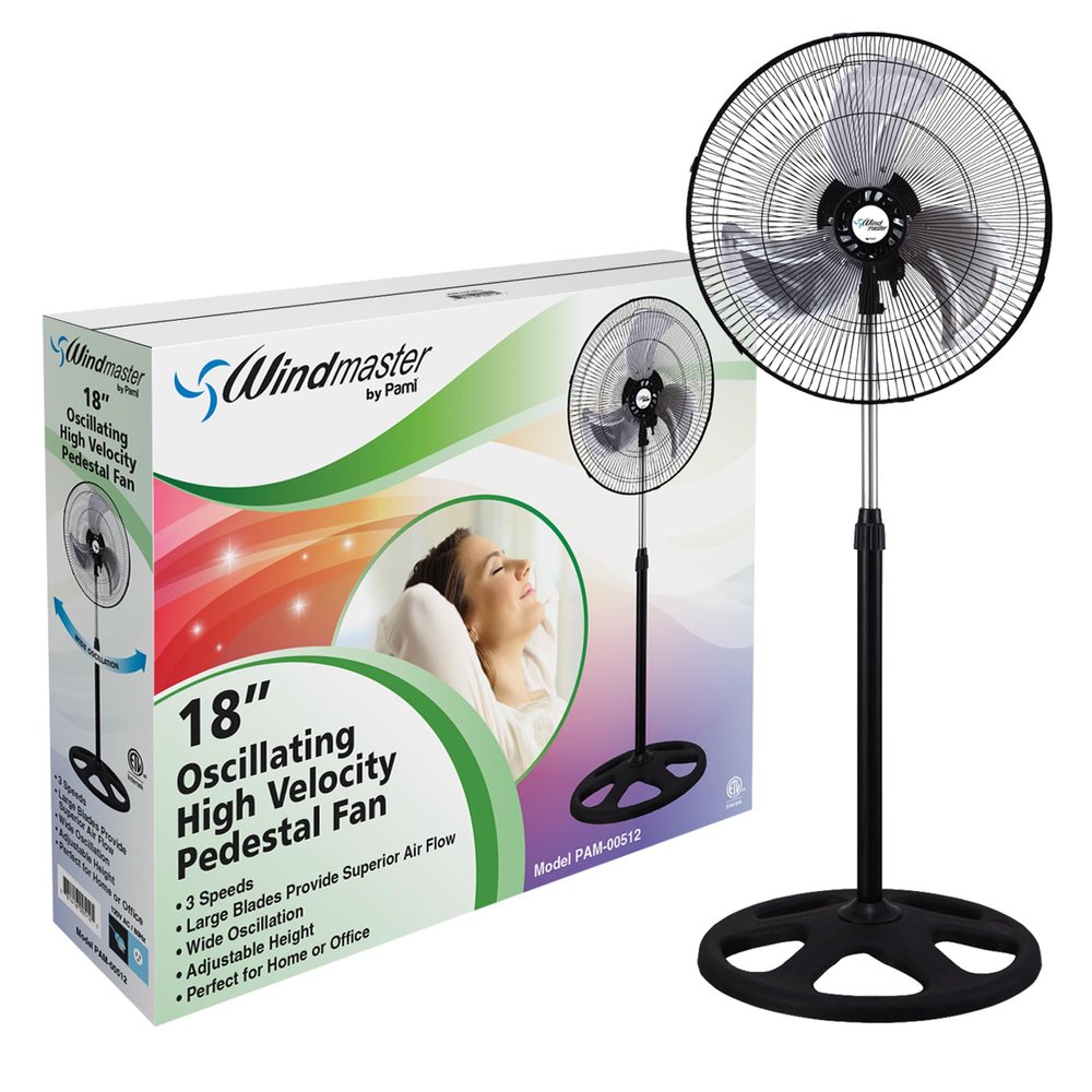 PAMI 18 High-Velocity Oscillating Pedestal Fan - Portable Floor Fan With 3 Speed Levels & Adjustable Height- Powerful Air Flow Standing Fan- Electric Cooling Fan For Bedroom Home Dorm Office, Black
