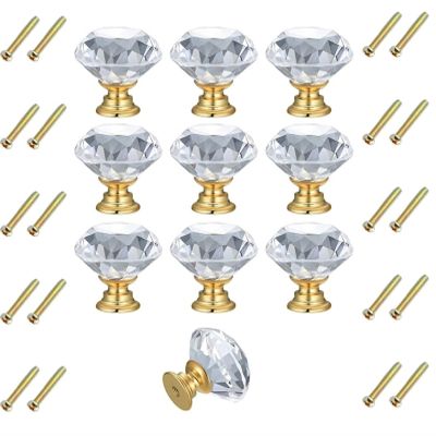 Cabinet Handles, 10 Pack Crystal Cabinet Door Wardrobe Small Handle Transparent Crystal Glass Knob 30mm Red (Color : 30mm Gold)