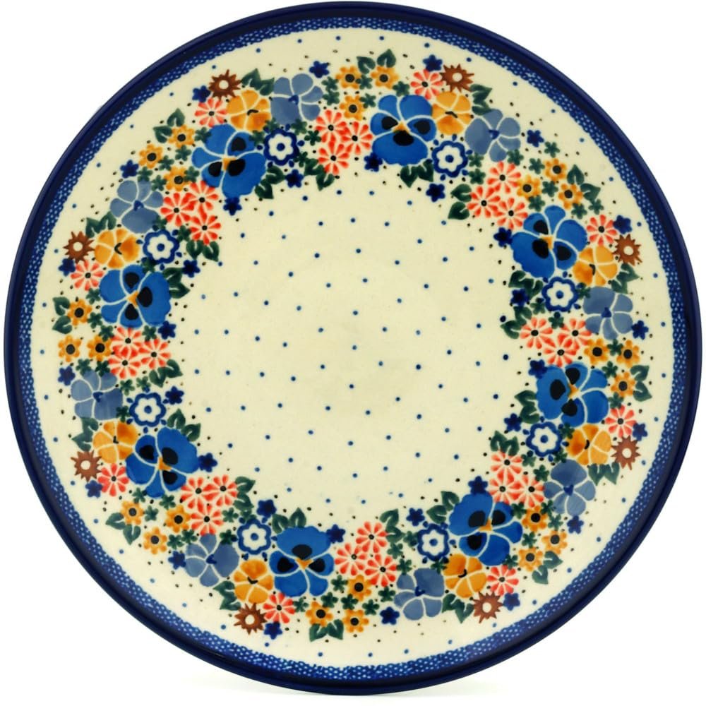 Polmedia Polish Pottery Dinner Plate UNIKAT - Pansy Wreath Pattern Handmade in Boleslawiec Poland by Ceramika Artystyczna + Certificate of Authenticity