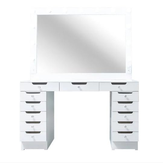 Generic Amun Vanity Desk with Lighted Mirror with Power Outlet, White