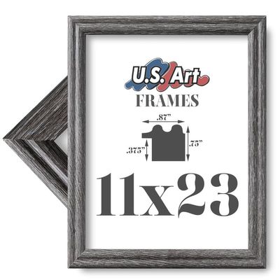 US Art 11x23 Barnwood Grey .75 Inch Wood Picture Frame, Solid Wood Wall Decor for Wall Art, Featuring Preinstalled Hangers, UV Filtering Shatterproof Plexiglass, 100% American Made Poster Frame