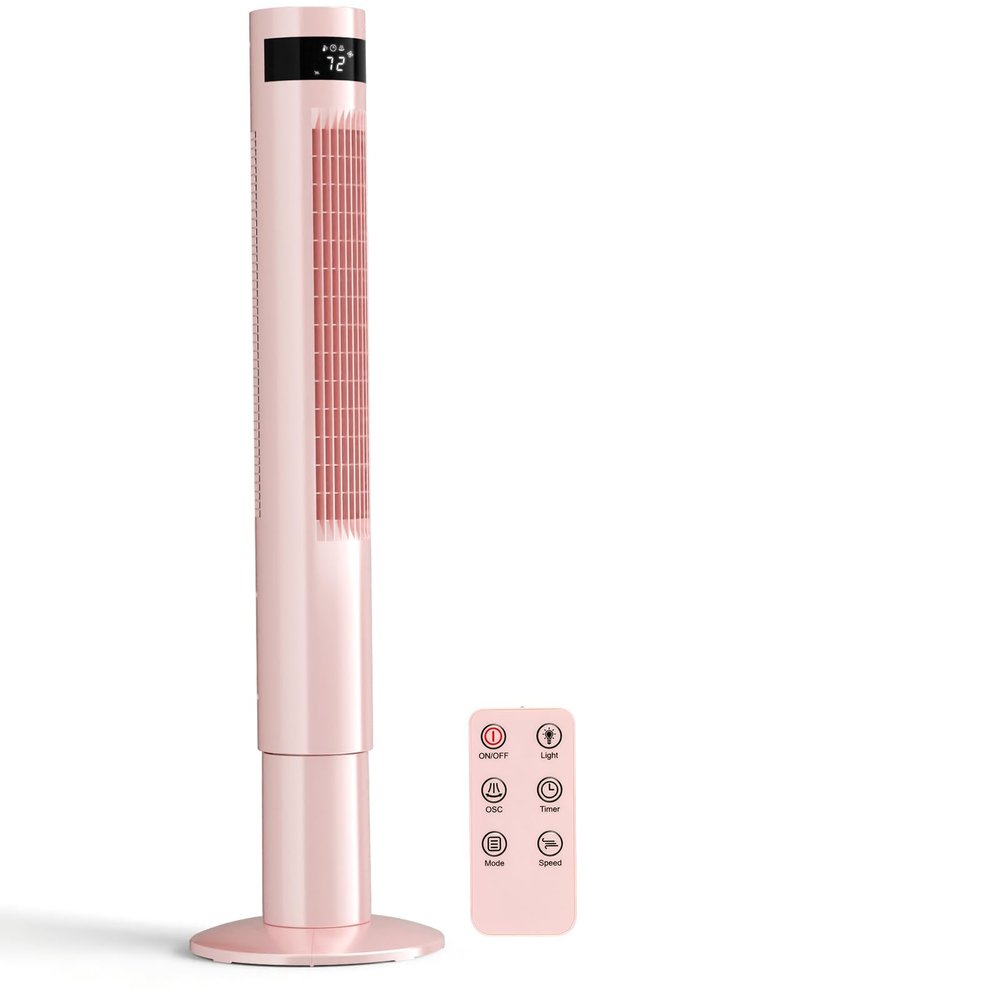 Antarctic Star 43 inch Tower Fan Portable Electric Oscillating Fan Quiet Remote Control Bladeless Floor Fan 3-Speed Wind Mode 12H Timer Bedroom Office Pink