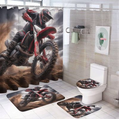TOWINSFB 4Pcs Motorbike Rider Shower Curtain Set with Toilet Lid Cover U-Shaped Mat and Non-Slip Rugs, Playful Motocross Motorcycle Shower Curtain Bathroom Decor Set, 72" X 72"