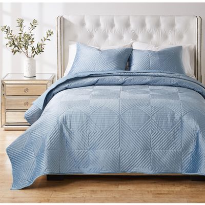 Barefoot Bungalow Riviera Velvet Finely Stitched Modern Quilt and Pillow Sham Set Spa Blue Twin - Twin XL 2 Piece