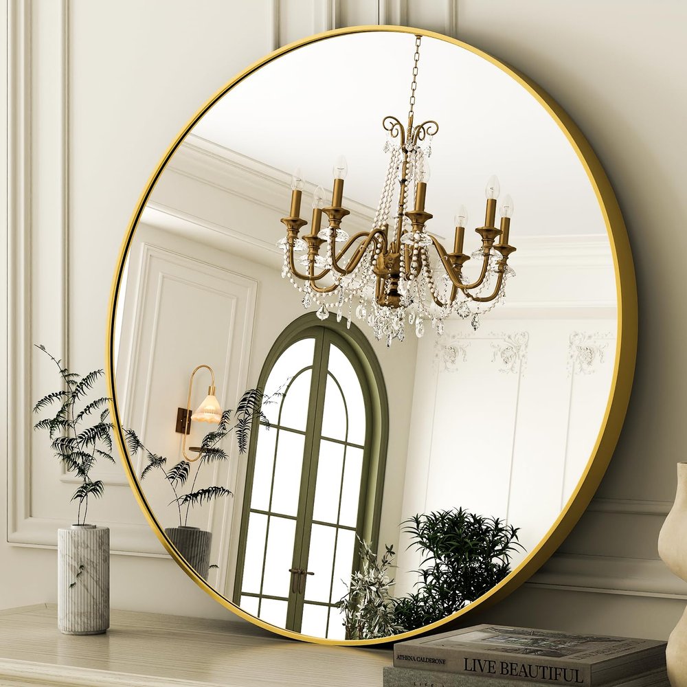 36 Inch Round Bathroom Mirror - Gold Wall Mounted Circle Mirror with Metal Frame, Modern Round Hanging Mirror Suitable for Bathroom, Vanity, Entryway, Living Room