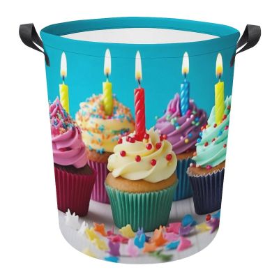 Laundry Basket Waterproof Laundry Hamper with Handles Foldable Dirty Clothes Hamper Colorful Happy Birthday Cupcakes Freestanding Laundry Bag Organizer Tall Storage Basket for Bedroom Bathroom Decor