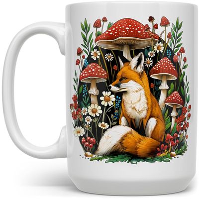 Loftipop Woodland Forest Fox Cottagecore Coffee Mug, Cozy Whimsical Mushroom Nature Cup (15oz)