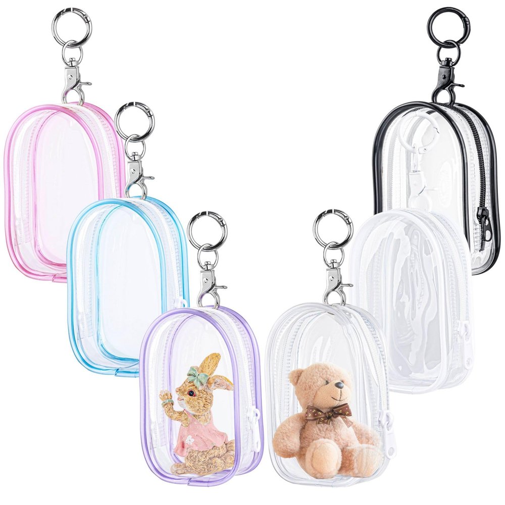 Framendino, 6 Pack Clear Figure Display Bag with Keychain Small Case Zipper for Hanging Colors