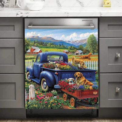 Dishwasher Cover Farmhouse,Rustic Blue Truck Magnet Dishwasher Front Cover,Refrigerator Magnet Decal,Dog Magnetic Vinyl Sticker 23x17 inch,Vintage Dishwasher Skin,Spring Floral Fridge Full Door
