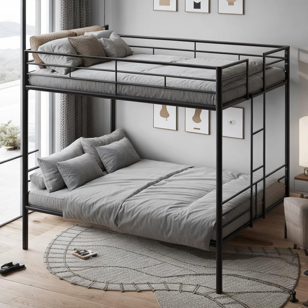 DNYN Queen Over Queen Bunk Bed with Wood Slat Support for Kids/Adults,Can be Separated & Easy Assemble & Space Saving & No Box Spring Needed,Perfect for Dorm,Bedroom,Guest Room, Black