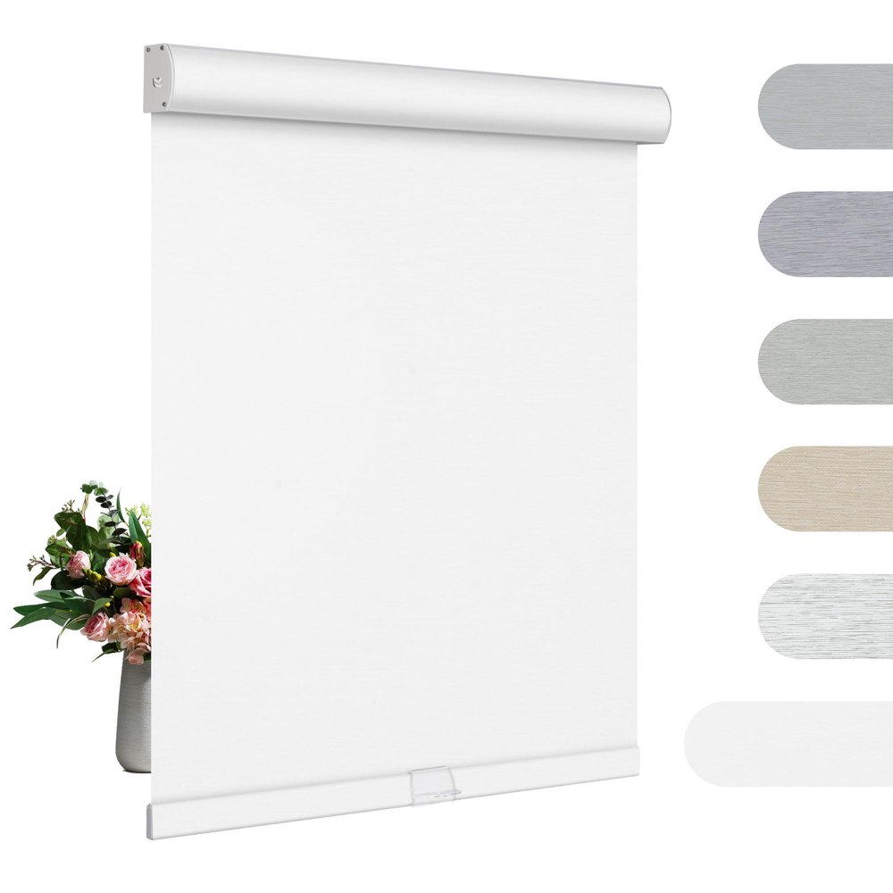 BERISSA Blackout Roller Shades for Windows Cordless Roller Blinds with Cassette Valance Jacquard Insulated Fabric for French Doors Bedrooms Living Rooms.True White.26 W x 76" H