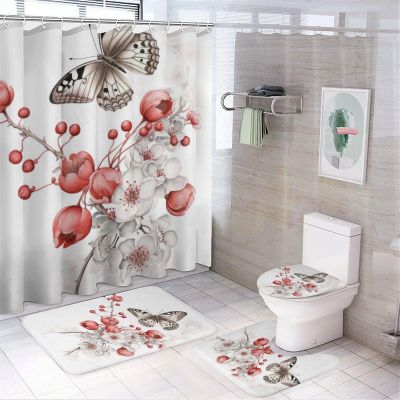 Dunmat Watercolor Cherry Blossoms 4 Pieces Shower Curtain Sets Red White Floral Vintage Butterfly Bathroom Decor Set Bathroom Accessory Sets with Rugs and Toilet Lid Cover
