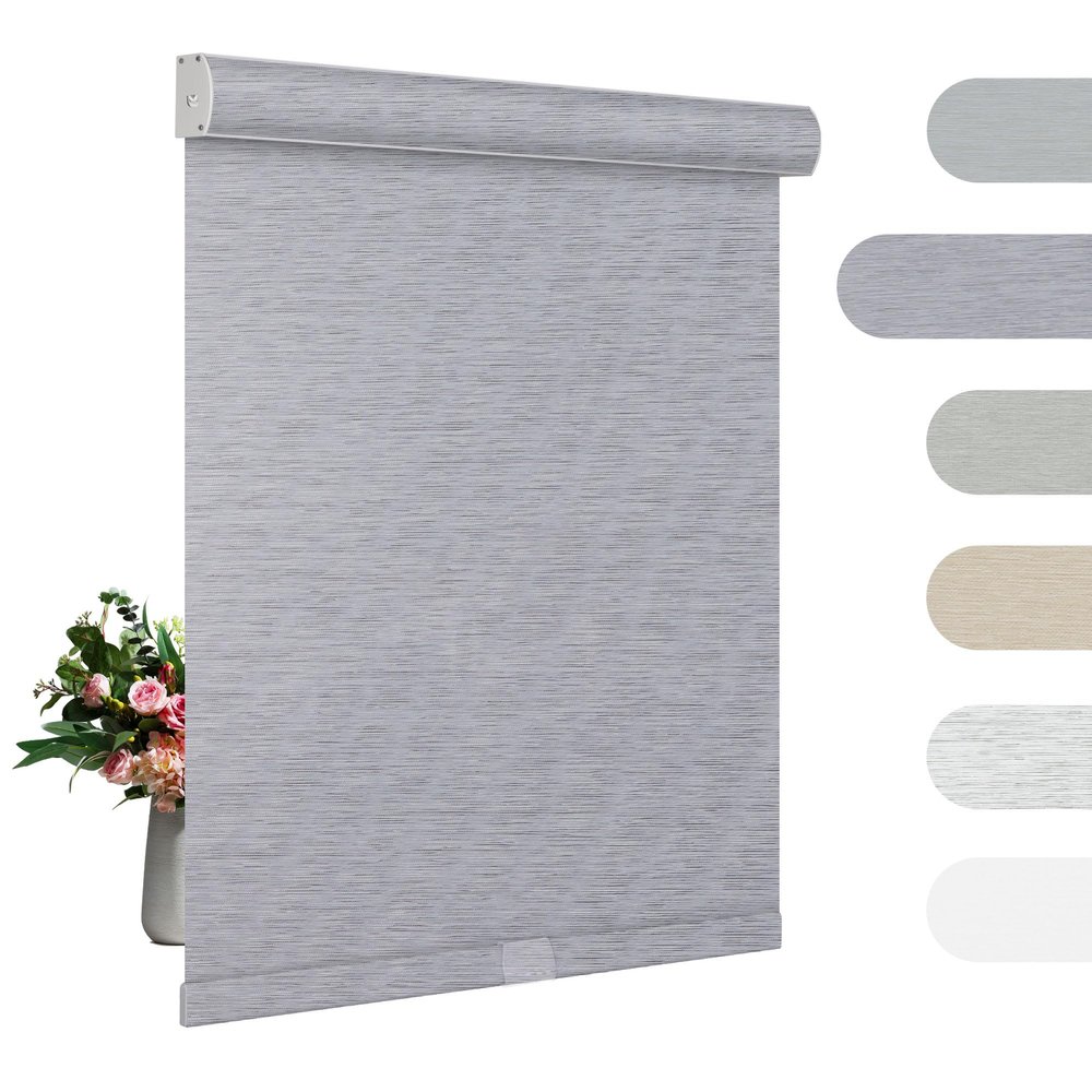 BERISSA Blackout Roller Shades for Windows Cordless Roller Blinds with Cassette Valance Jacquard Insulated Fabric for French Doors Bedrooms Living Rooms.Blue Gray.59 W x 68" H