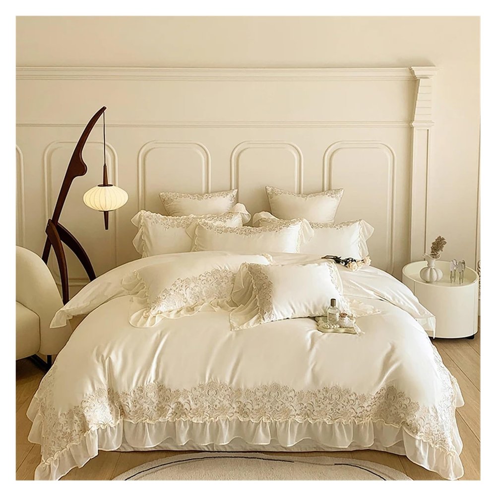 ADovz French lace Bedding Set 1000TC Egyptian Cotton Embroidery Duvet Cover Set Bed Sheet Pillowcases,Bed Sheets, King, Beige, FH-762