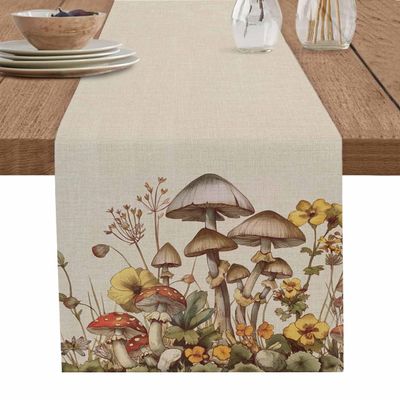 ZOE GARDEN Botanical Mushroom Table Runner 120 Inches Long - Kitchen Dining Burlap & Cotton Tablerunner for Small/Round/Square/Wedding/Coffee/Dining Table Party Home Dcor Vintage Flower Herb Rustic