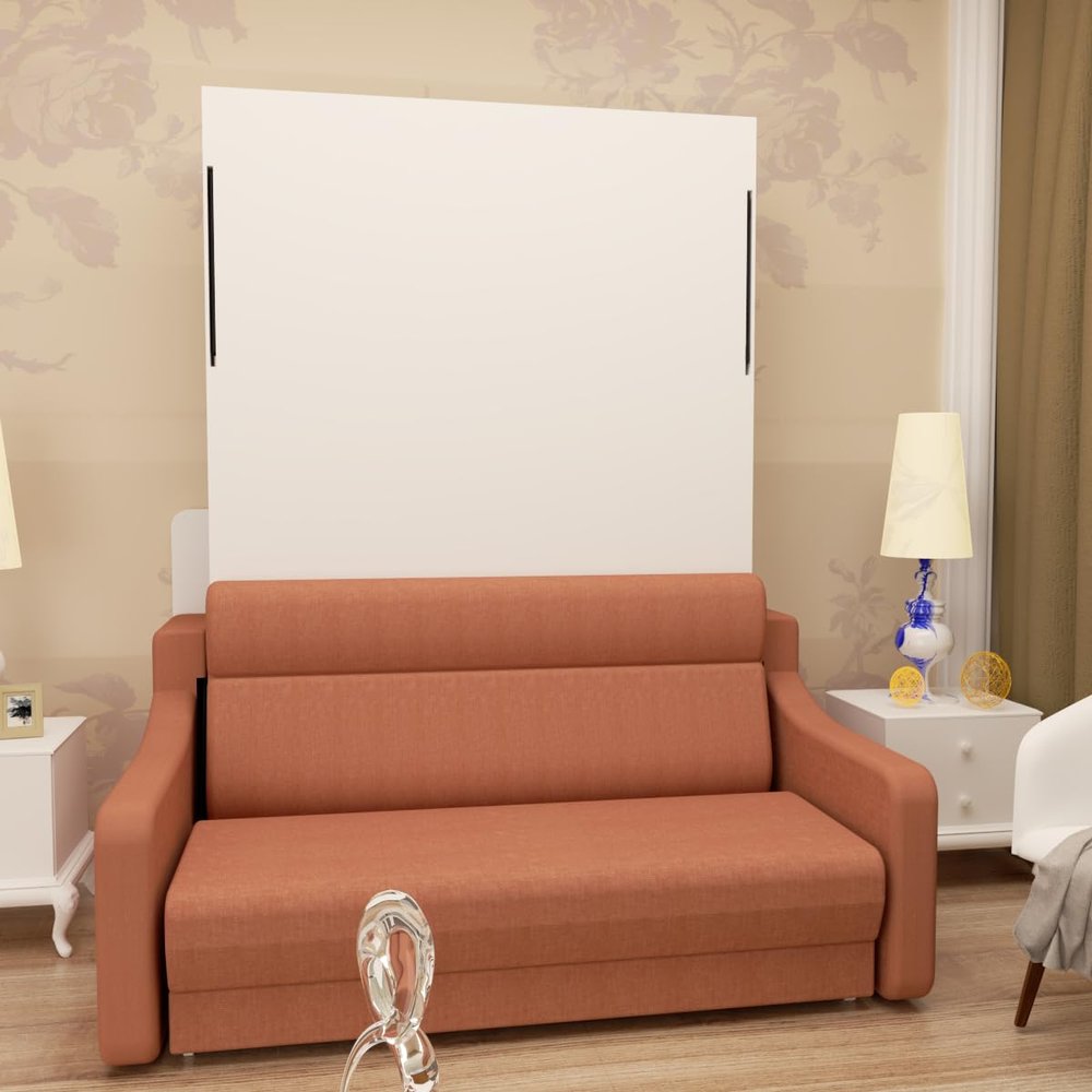 Harper & Bright Designs Full Size Murphy Bed, Morden Full Vertical Murphy Bed with Sofa and Drawers, Wall Bed Hidden Bed Gas Struts, White+Orange