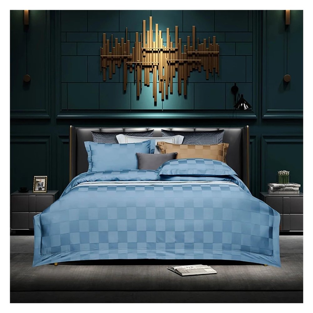 ADovz 600TC Cotton Bedlinen Plaid Satin Bed Linen Yellow bedcover Duvet Cover Pillowcase Bedding Set Bed Set,Bed Sheets, King, Blue, FH-762