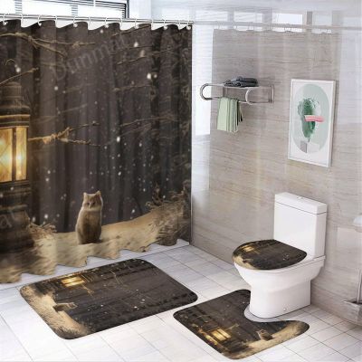 4Pcs Country Cats Bathroom Sets with Shower Curtain Rugs Mats Accessory Winter Tree Snowy Scene White Animals Bathroom Decorations Sets with Non Slip Rugs Toilet Lid Cover Bath Mat