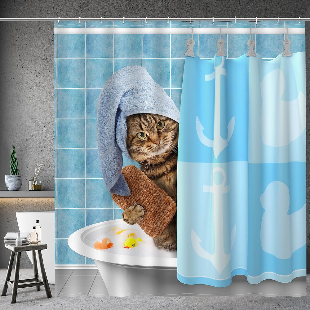 Aimego Long Funny Shower Curtain - Bathing Cat Cute Kitten Taking Shower with Rubber Ducks Fabric Cloth Shower Curtain Set with 12 Hooks for Kids Bathroom Decor Accessories Bathtub Curtain, 72"x78"