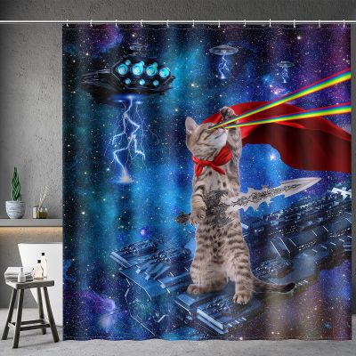 Aimego Long Funny Shower Curtain - Cute Cool Cat on Fantasy Outer Space Galaxy Universe UFO Fun Fabric Cloth Shower Curtain Set with 12 Hooks for Bathroom Decor Accessories Bathtub Curtain, 72"x78"