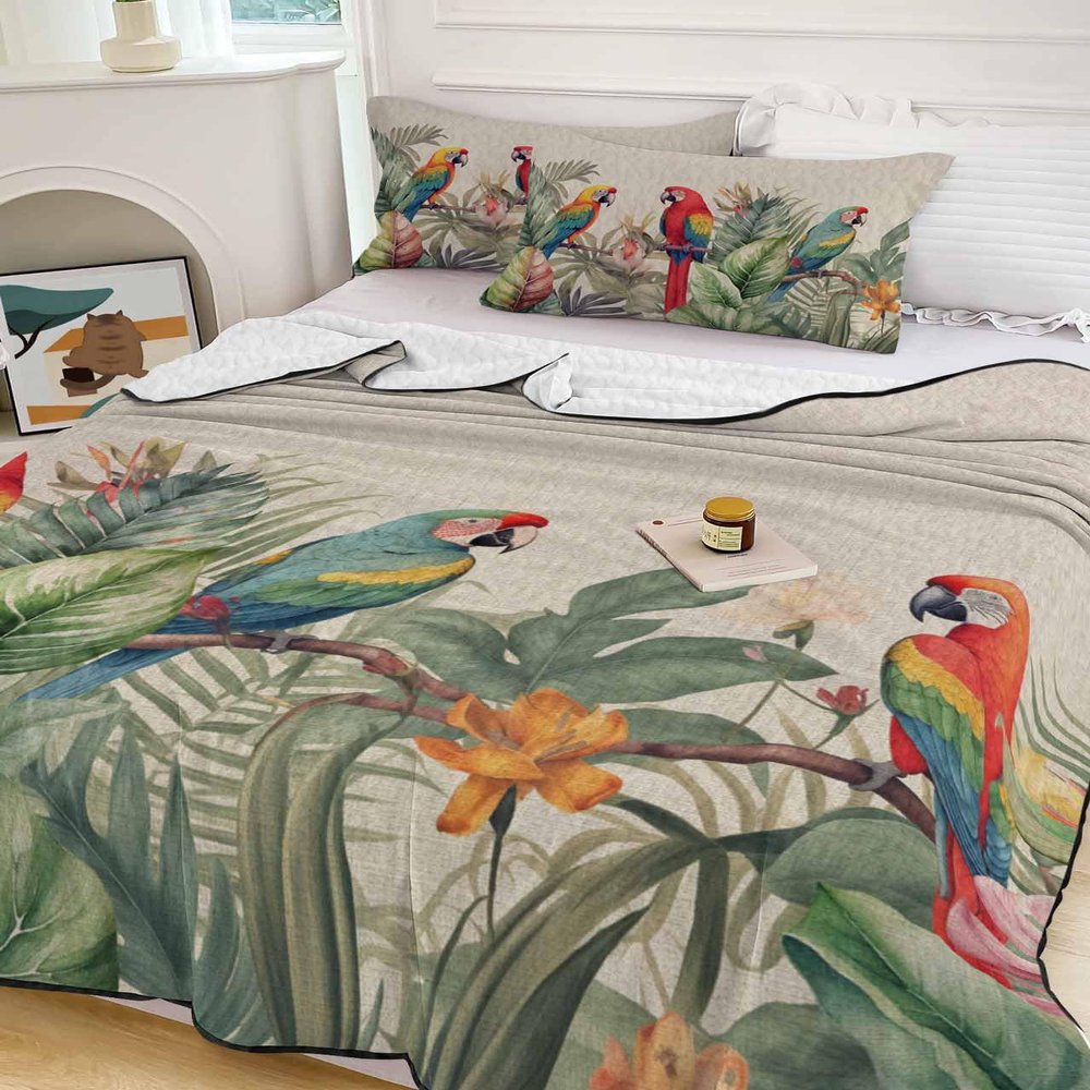 Full Size Quilt Set, Tropical Birds Parrot on Branch Lightweight Bedspread Coverlet Set Soft Microfiber Summer Quilt with 2 Pillow Shams, Green Palm Leaves on Burlap 3 Piece Comforter Bedding Set