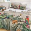 Full Size Quilt Set, Tropical Birds Parrot on Branch Lightweight Bedspread Coverlet Set Soft Microfiber Summer Quilt with 2 Pillow Shams, Green Palm Leaves on Burlap 3 Piece Comforter Bedding Set view 1