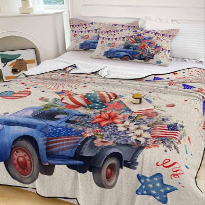 Twin XL Size Quilt Set, Independence Day Watercolor Truck with Floral Lightweight Bedspread Coverlet Soft Microfiber Summer Quilt & 2 Pillow Shams, USA Pennant Bunting 3 Piece Comforter Bedding Set