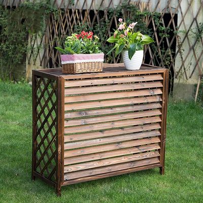 air Conditioner Fence for Outside Outdoor Balcony Air Conditioner Cover for Outside Units,Wood Air Conditioning Enclosure Frame, with Blinds Grids Plant Storage Rack Hide Air Conditioner (Color : Ca