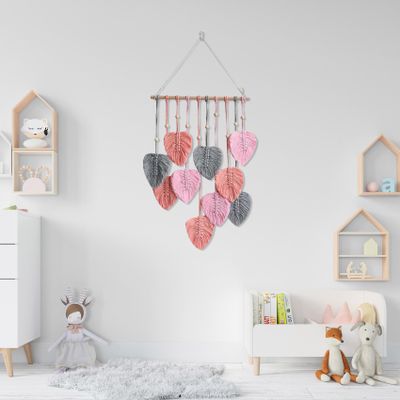 MEUNEAR Pink Macrame Leaf Wall Hanging Sage Pink and Grey Tassels Leaves Woven Tapestry Boho Wall Decor Macrame Wall Art for Living Room Leaves Tapestries for Nursery Bedroom Apartment Home Decor