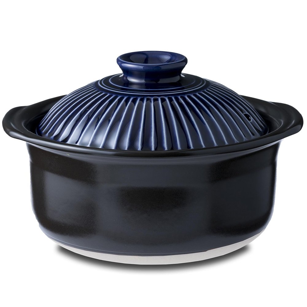Ginpo Touki Ginpo Pottery Chrysanthemum Flower Rice Pot, 3 Cuisine, Double Lid, Earthenware, Compatible with Direct Fire, Lapis Glaze, Blue, Made in Japan