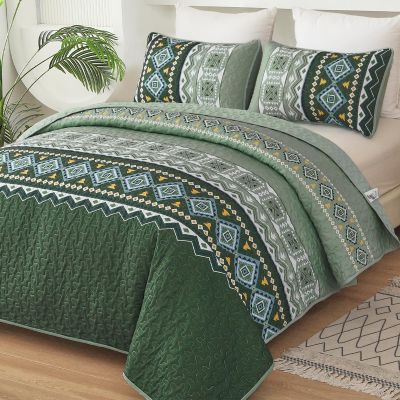 WONGS BEDDING Green Quilt Set Queen Size,3 Pieces Boho Bedspread Coverlet Set,Soft Bohemian Bedding Set Queen for All Season 96"90"