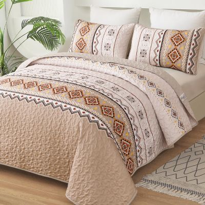 WONGS BEDDING Boho Beige Quilt Set King Size,Geometry Printed Bedspread Coverlet Set with 2 Pillowcases,Soft Bohemian Bedding Set King 104"90"