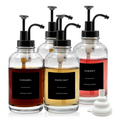 4-Pack Coffee Syrup Dispenser for Coffee Bar, 16.9 oz 500 ml Glass Syrup Bottle with 36 Labels, Syrup Pump Dispenser for Coffee Bar(Black Pump)