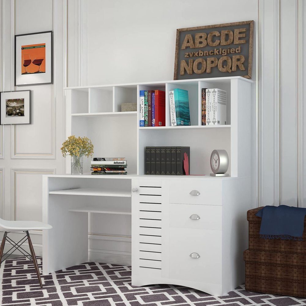 AOPNOMU Modern Computer Desk with Hutch, Wood Hutch Desk, Work Table with Drawers & Bookshelf, Executive Desk for Small Space, Home, Office (White)