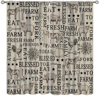 AAVEUP Farmhouse Blackout Curtain for Bedroom,Vintage Country Cottage Brown Funny Farm Wildlife Windmill Cow Rooster Pig Sheep Window Drapes Print for Rustic Barn Living Room Bathroom Kitchen 52x84in