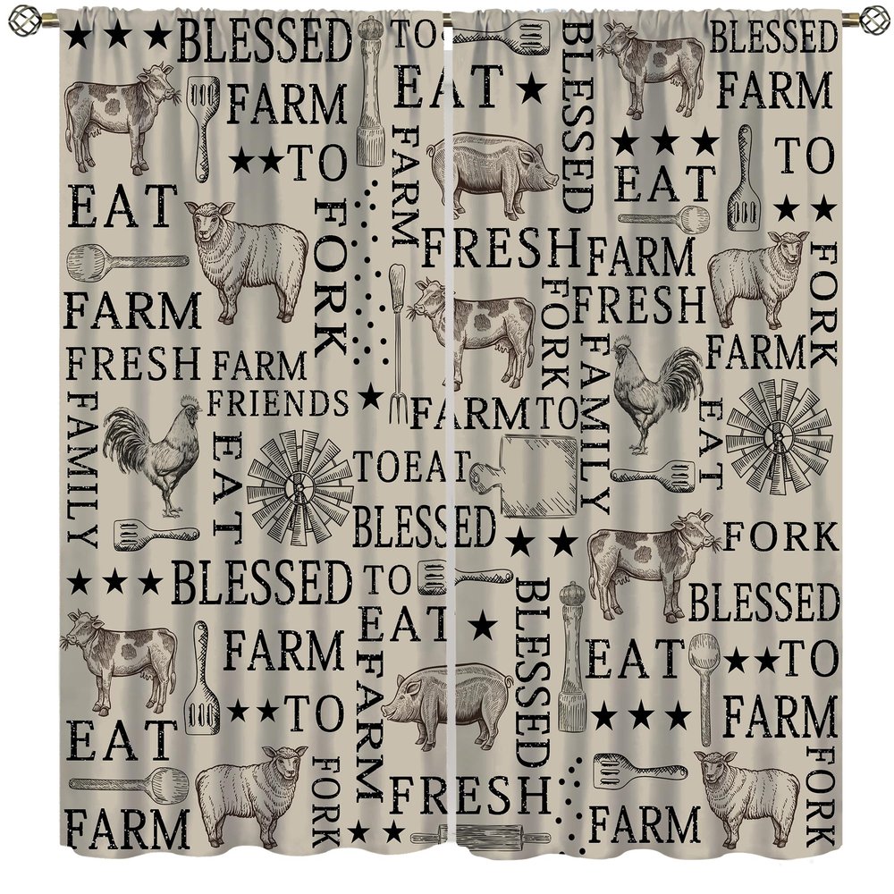 AAVEUP Farmhouse Blackout Curtain for Bedroom,Vintage Country Cottage Brown Funny Farm Wildlife Windmill Cow Rooster Pig Sheep Window Drapes Print for Rustic Barn Living Room Bathroom Kitchen 52x84in