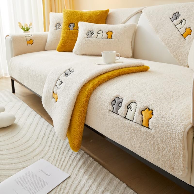 YYDEGS Sherpa Fleece Non Slip Sofa Cover 27"x59" Couch Protector White Sectional Sofa Covers for Dogs Cats Pets Protector Washable