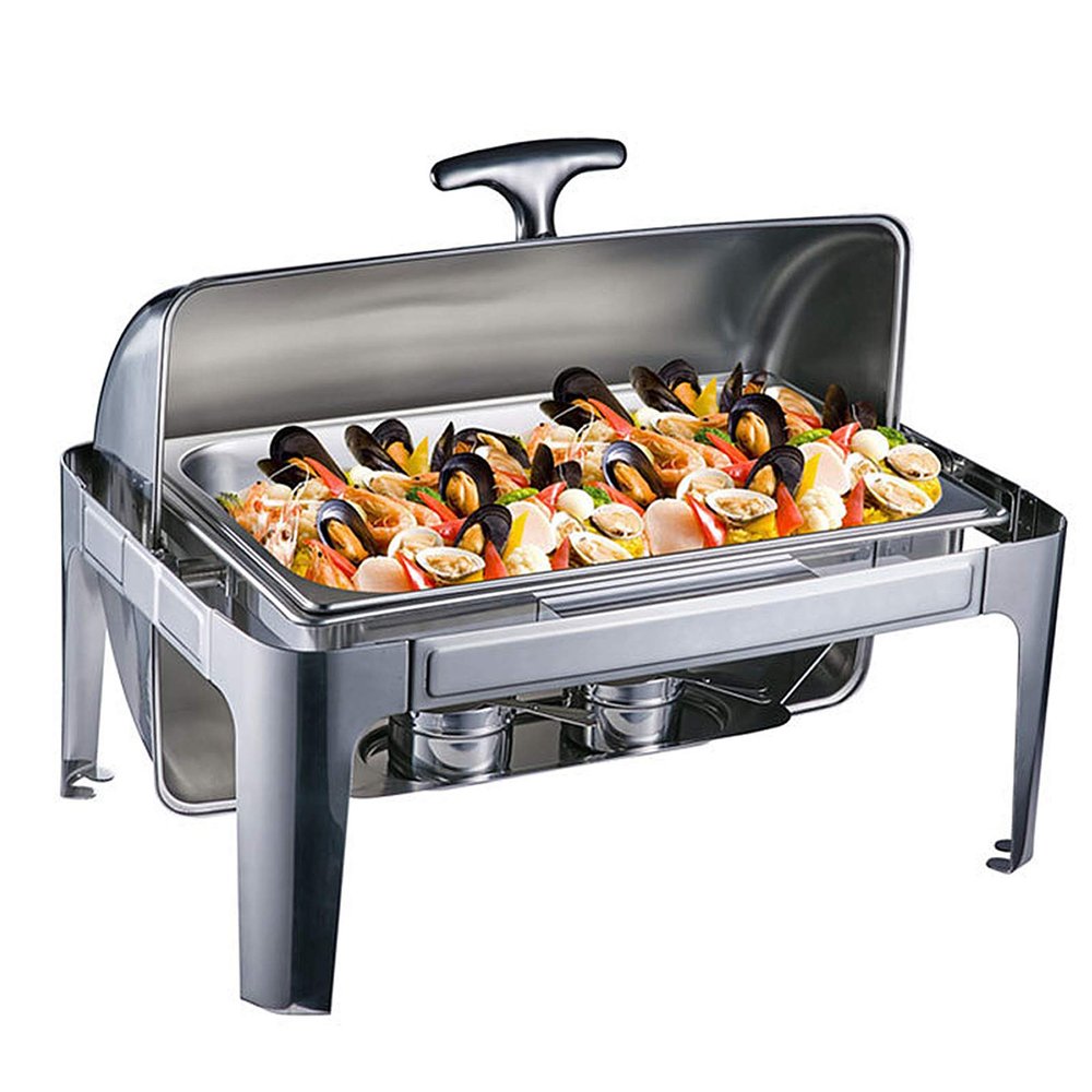 FAFACAI 9L Roll Top Hot Pot, Full Size Stainless Steel Rectangular and Buffet Warmer with Food Tray, Water Tray and Fuel Rack for All Events (Silver)
