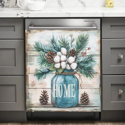 Kitchen Rustic Mason Jar Dishwasher Magnet Cover, Vintage Wood Dishwasher Cover Decor,Cotton Flower Sticker, Magnetic for Refrigerator Full Door.Home Fridge Vinyl Panel Decal 23x26 inch