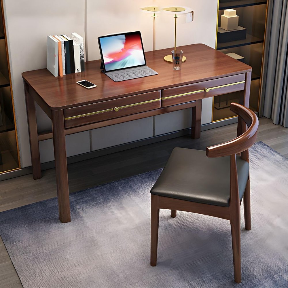RUNNUP Modern Soild Wood Writing Desk with 2 Drawers, 39.5" Home Office Desk, Minimalist Computer Work Study Table, Small Spaces, Walnut Without Chairs