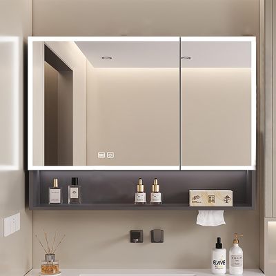 JSLJDM Mirror with Medicine Cabinet, Bathroom Mirror with Storage,Bathroom Vanity Mirror Cabinet Aluminum Mirror Cabinet with Anti-Fog, Stepless Dimmable Light,White 70 * 70 * 13cm Grey